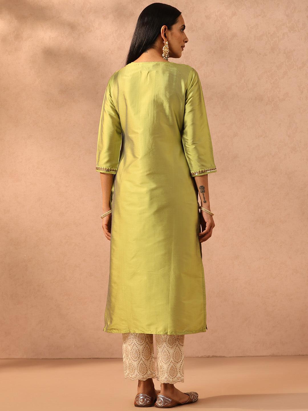 Green Yoke Design Silk Straight Kurta - ShopLibas
