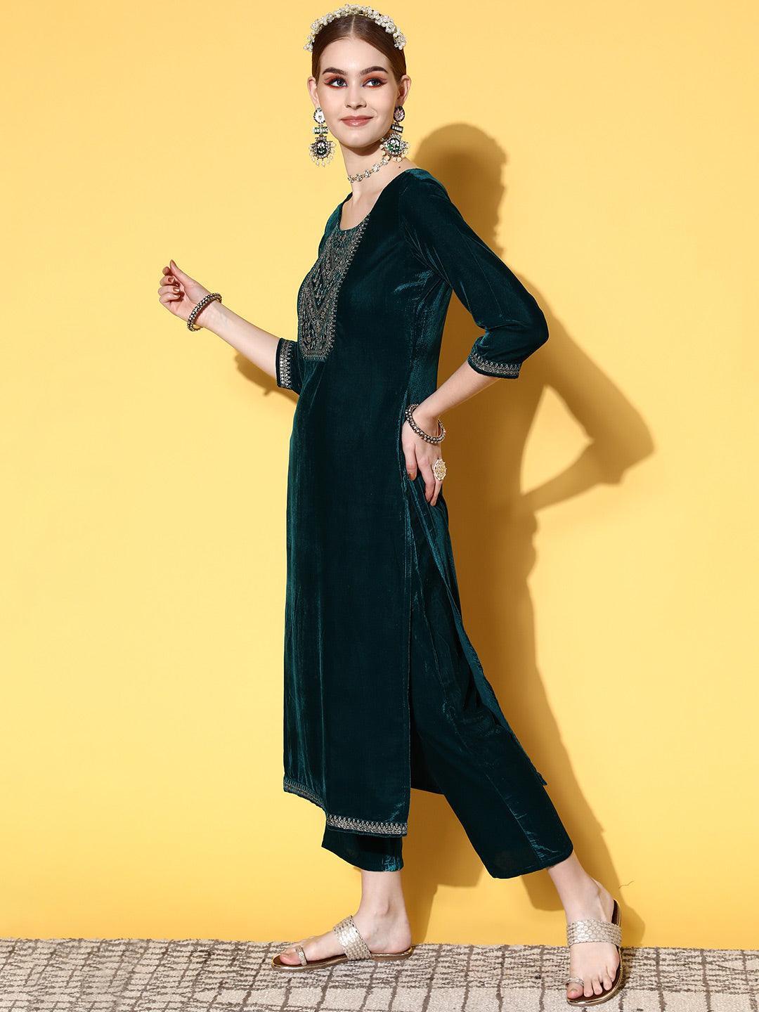 Green Yoke Design Velvet Straight Suit Set - ShopLibas