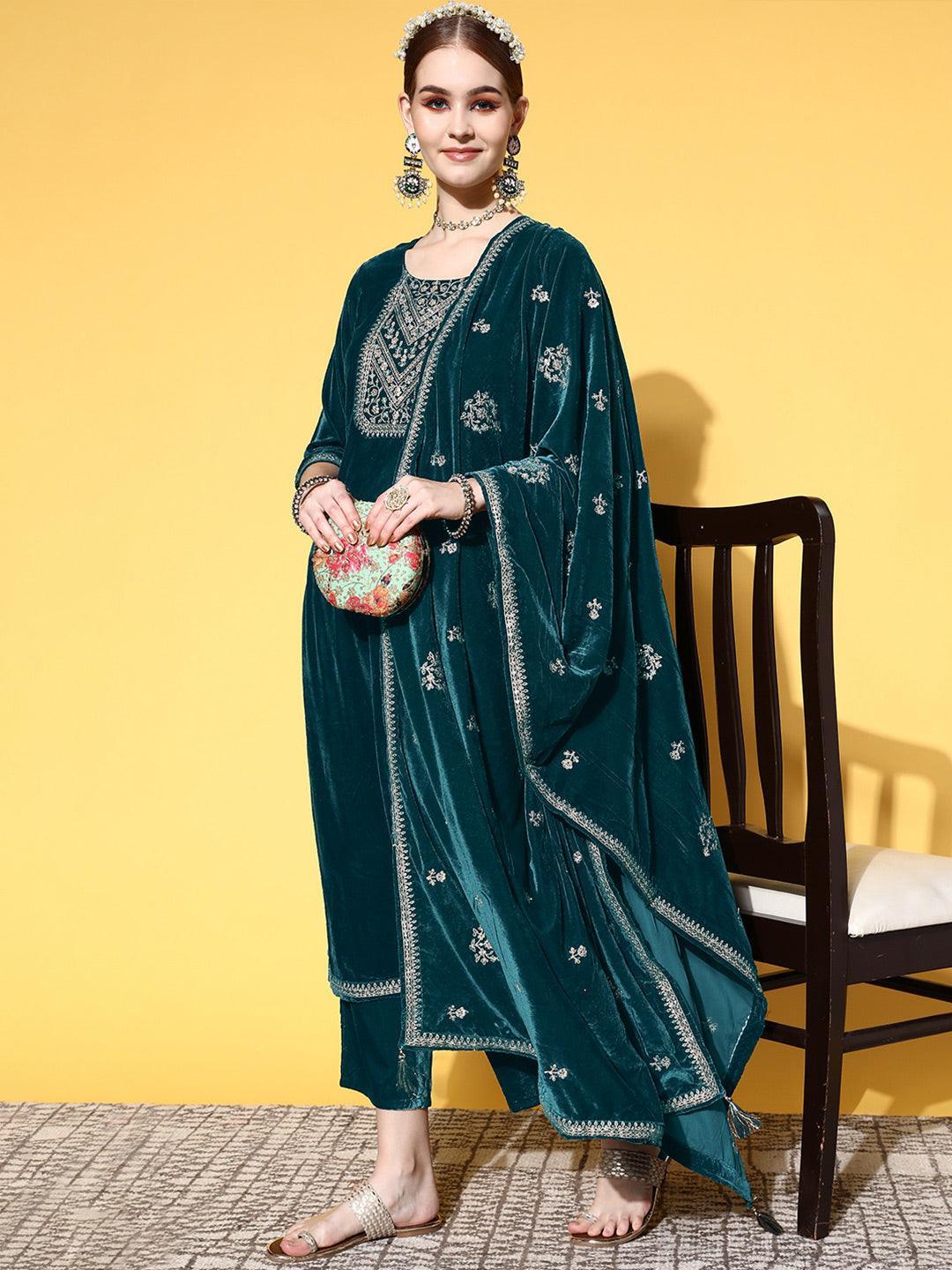 Green Yoke Design Velvet Straight Suit Set - ShopLibas