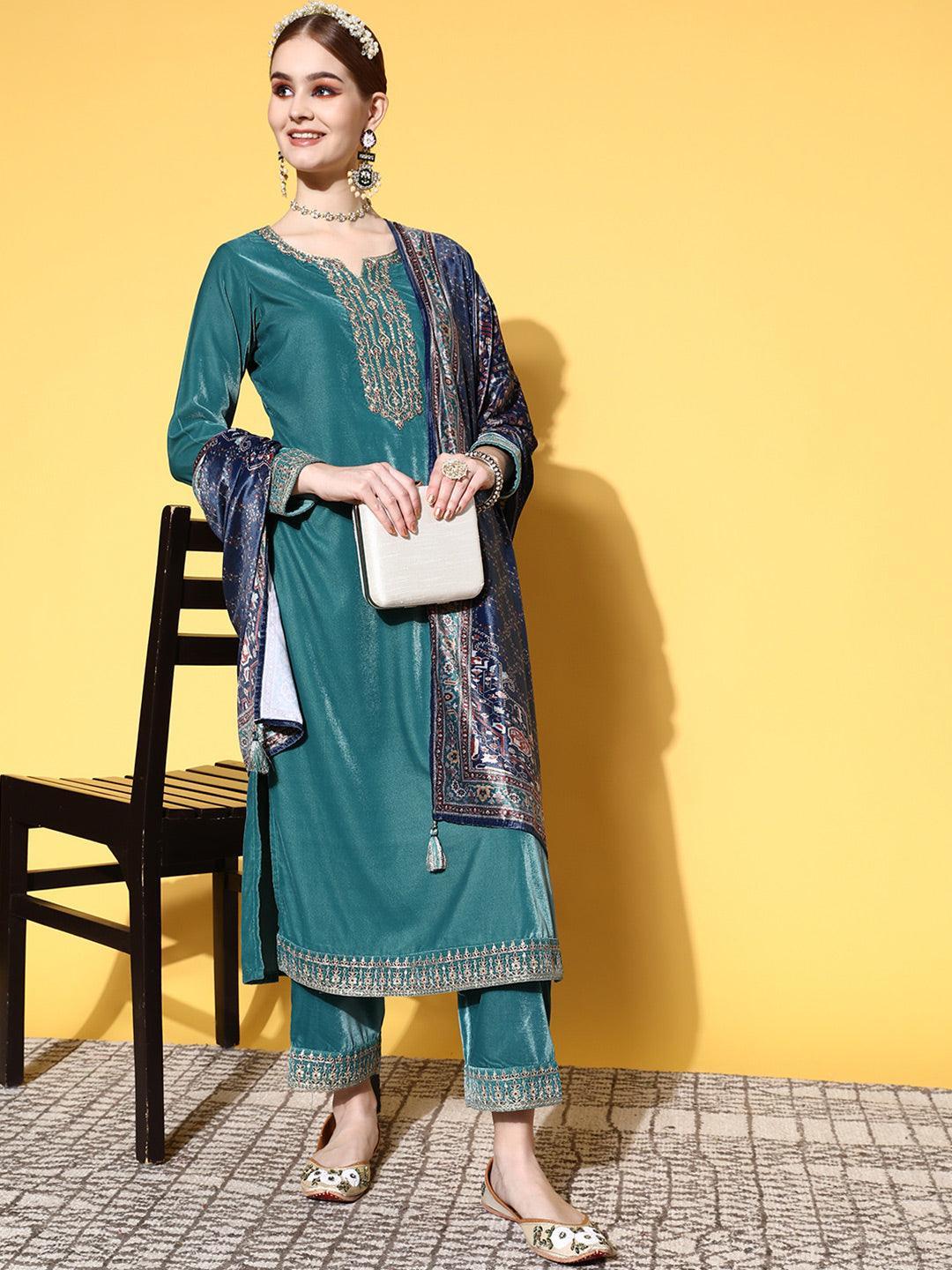 Green Yoke Design Velvet Straight Suit Set - ShopLibas