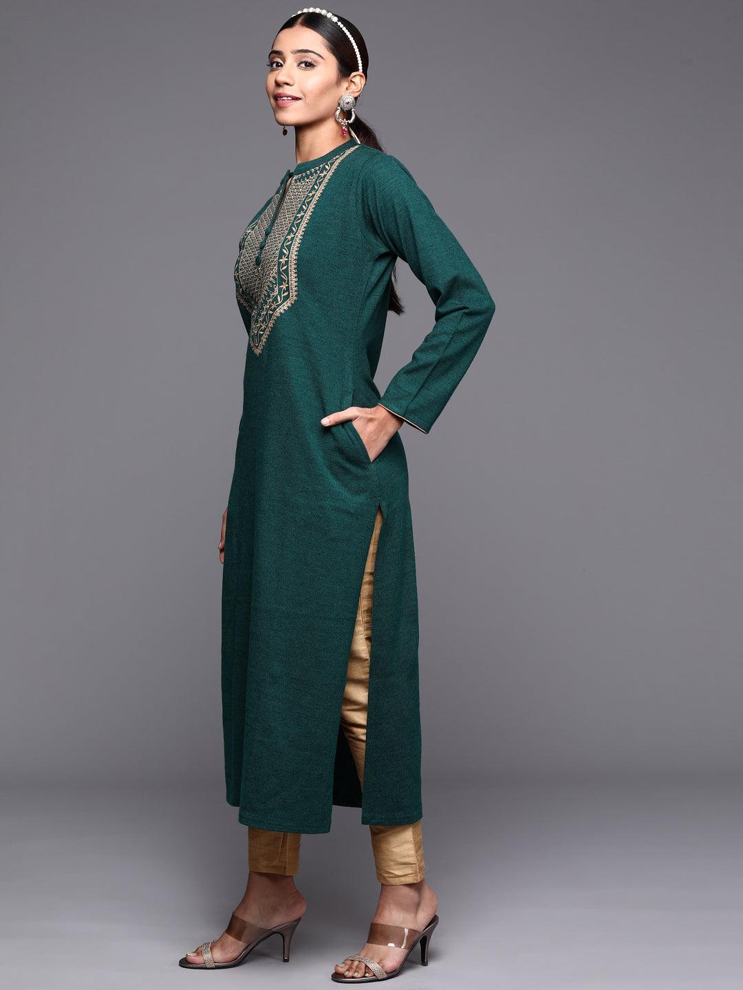 Green Yoke Design Wool Straight Kurta - ShopLibas