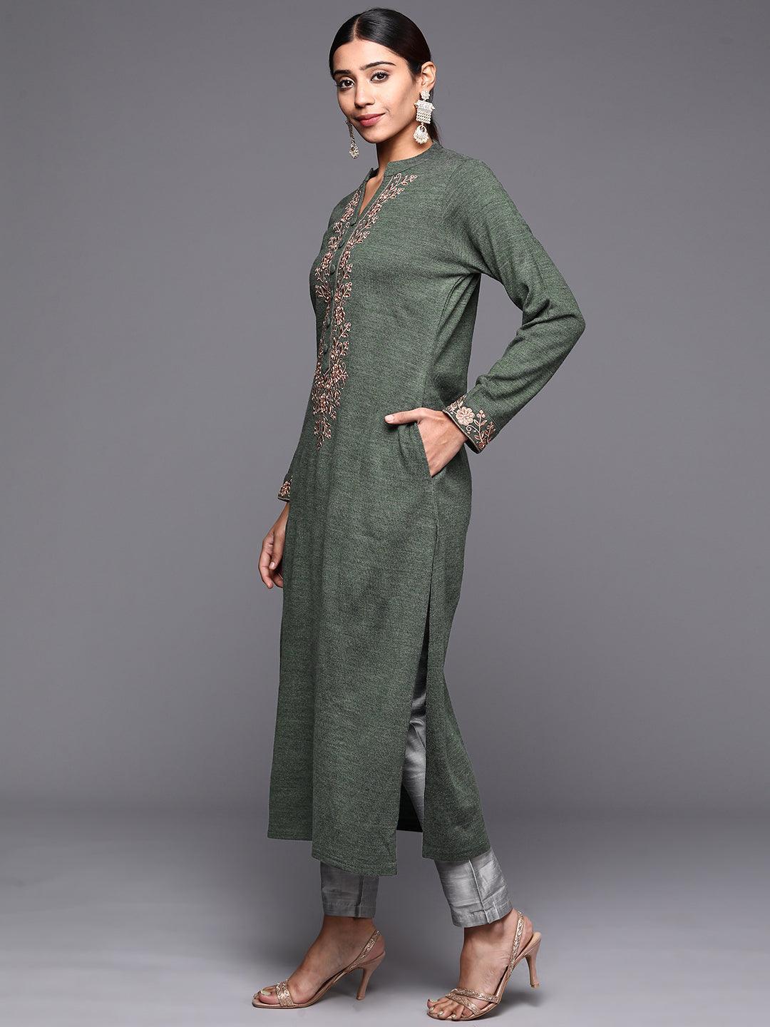 Green Yoke Design Wool Straight Kurta - ShopLibas