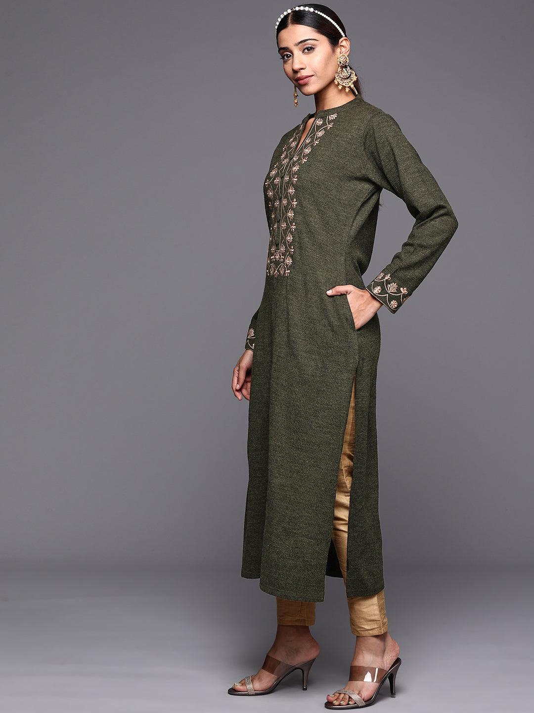 Green Yoke Design Wool Straight Kurta - ShopLibas