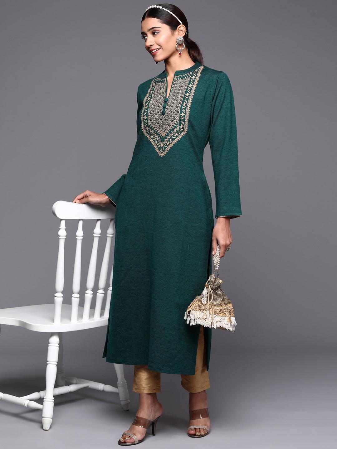 Green Yoke Design Wool Straight Kurta - ShopLibas
