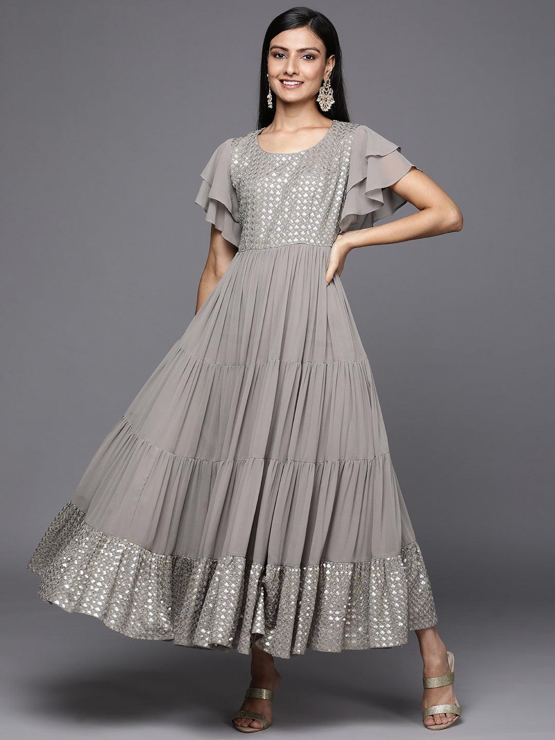 Grey Embellished Georgette Fit and Flare Dress - ShopLibas