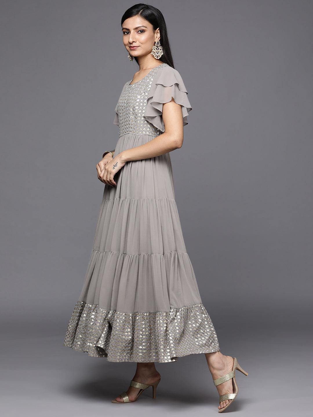 Grey Embellished Georgette Fit and Flare Dress - ShopLibas