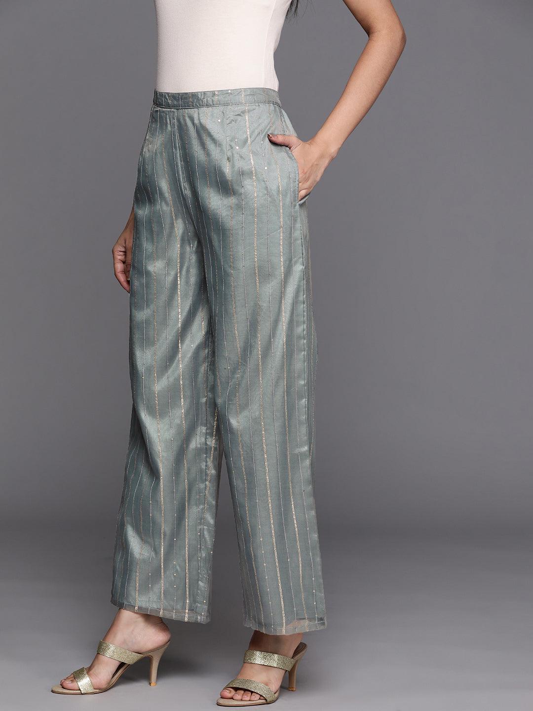 Grey Embellished Organza Palazzos - ShopLibas