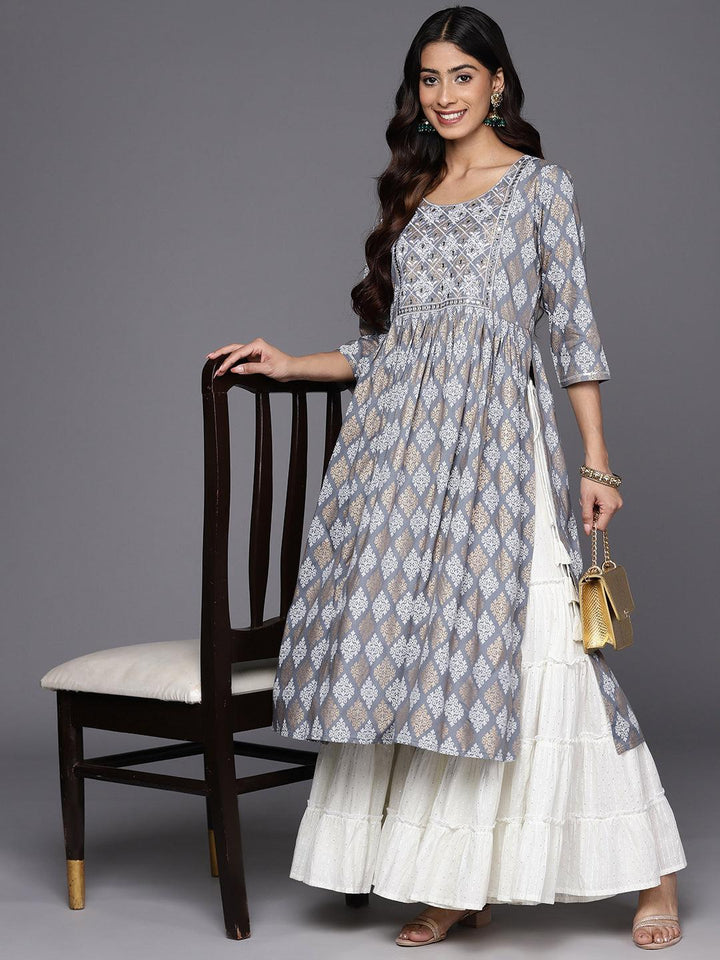 Grey Embellished Rayon A-Line Kurta