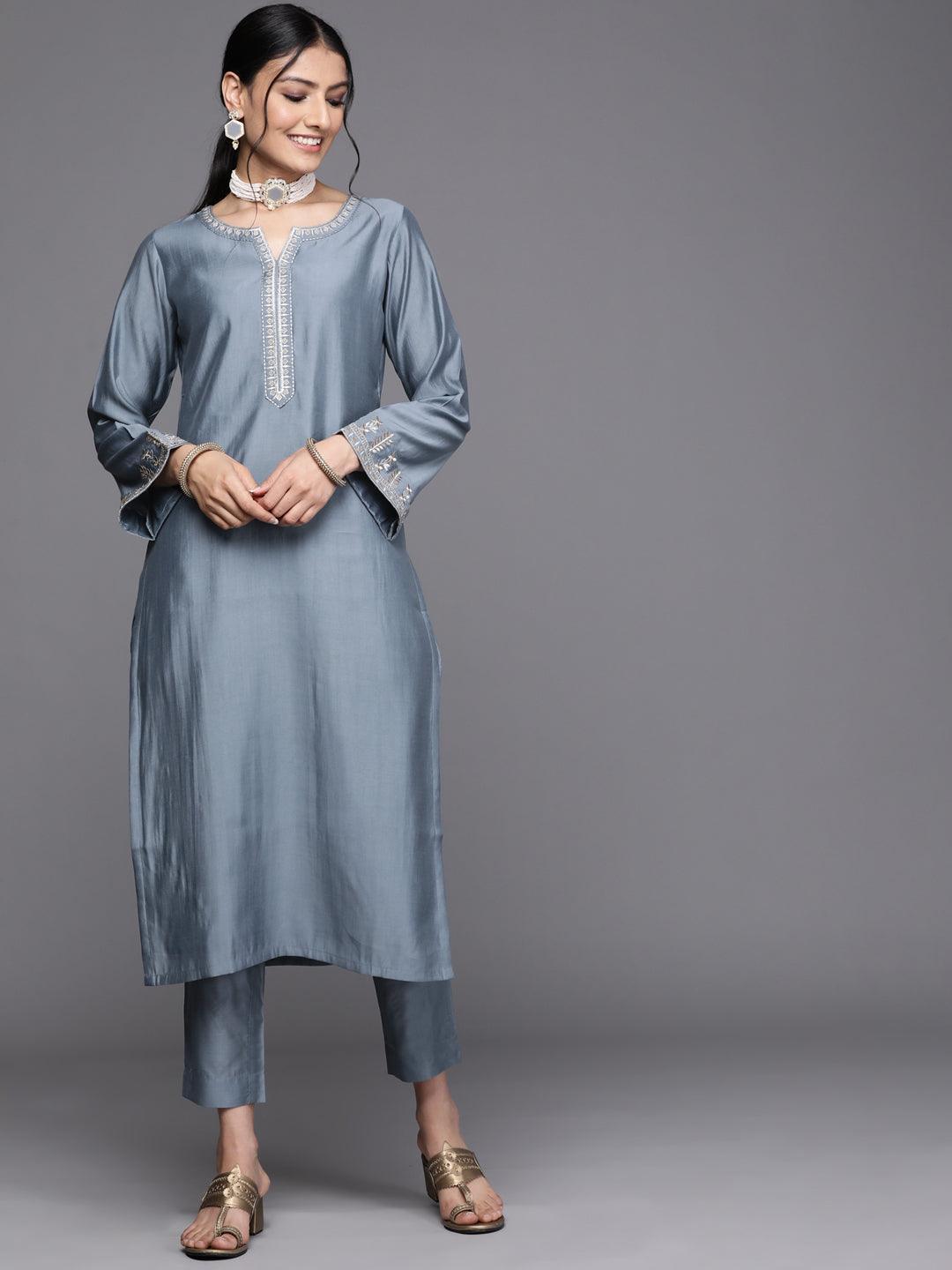 Grey Embroidered Chanderi Silk Kurta - ShopLibas
