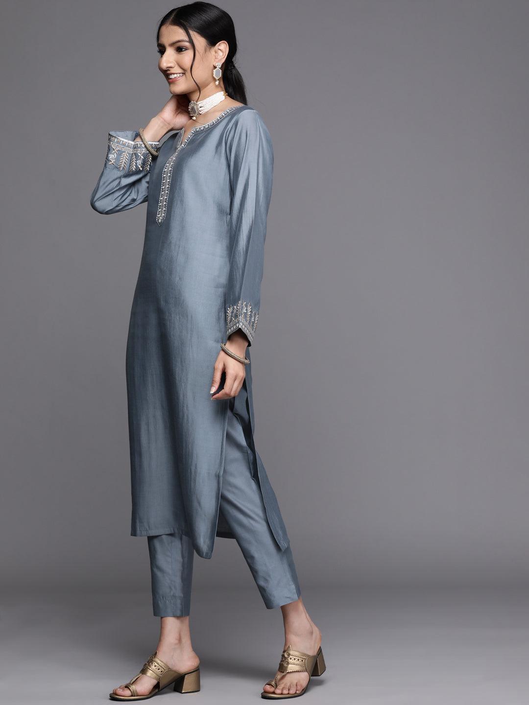 Grey Embroidered Chanderi Silk Kurta - ShopLibas