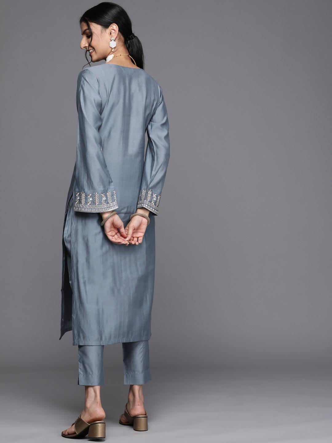 Grey Embroidered Chanderi Silk Kurta - ShopLibas