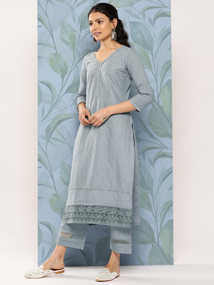 Grey Embroidered Cotton Straight Kurta With Trousers & Dupatta