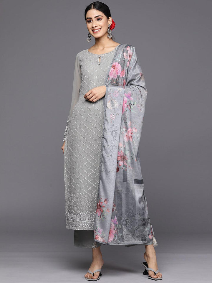 Grey Embroidered Georgette Straight Suit Set With Trousers