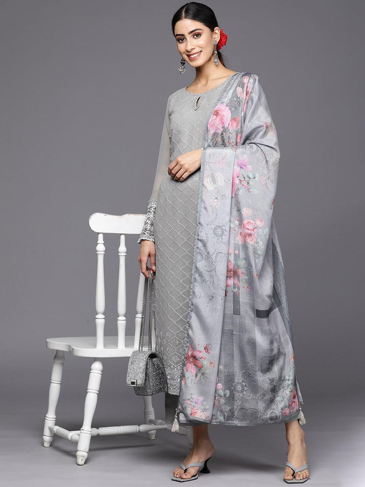 Grey Embroidered Georgette Straight Suit Set With Trousers