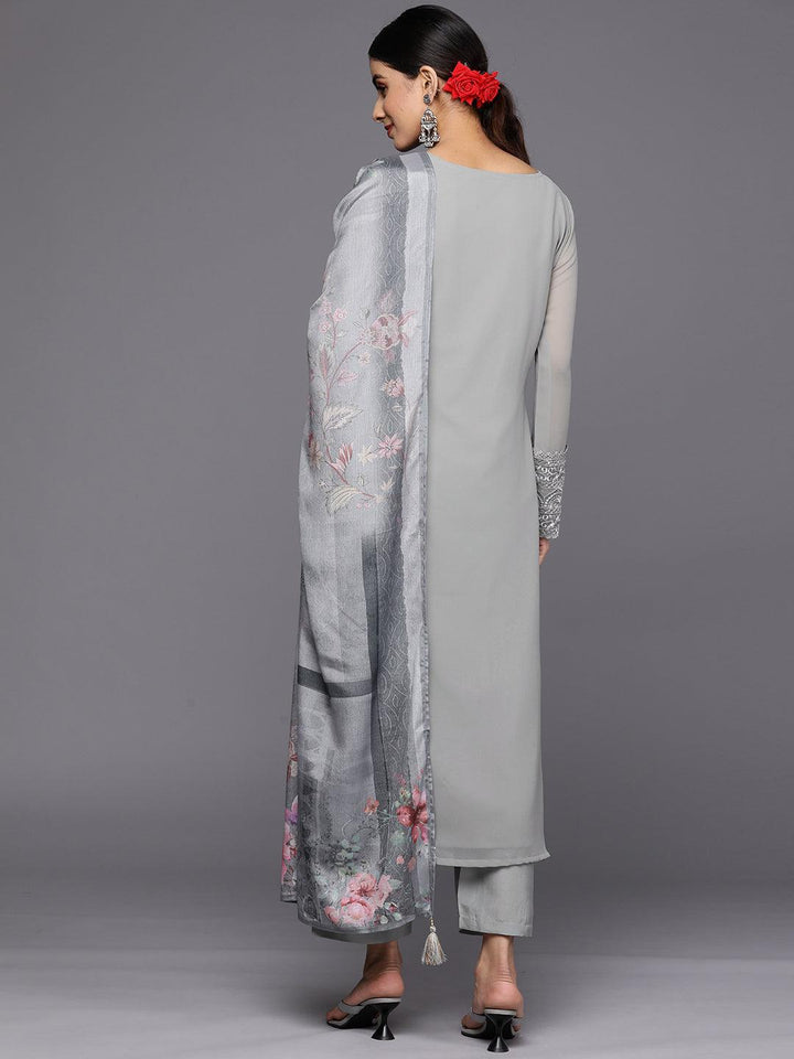 Grey Embroidered Georgette Straight Suit Set With Trousers