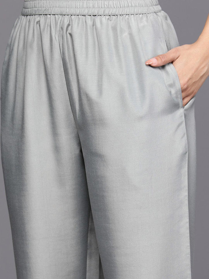 Grey Embroidered Georgette Straight Suit Set With Trousers