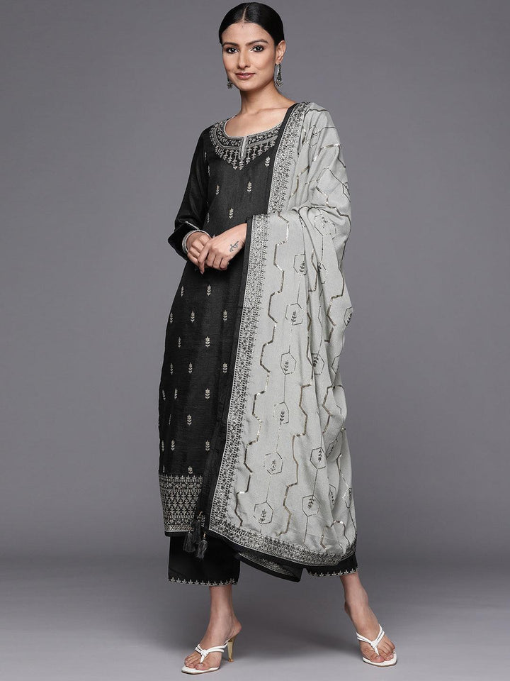 Grey Embroidered Silk Blend Straight Suit Set