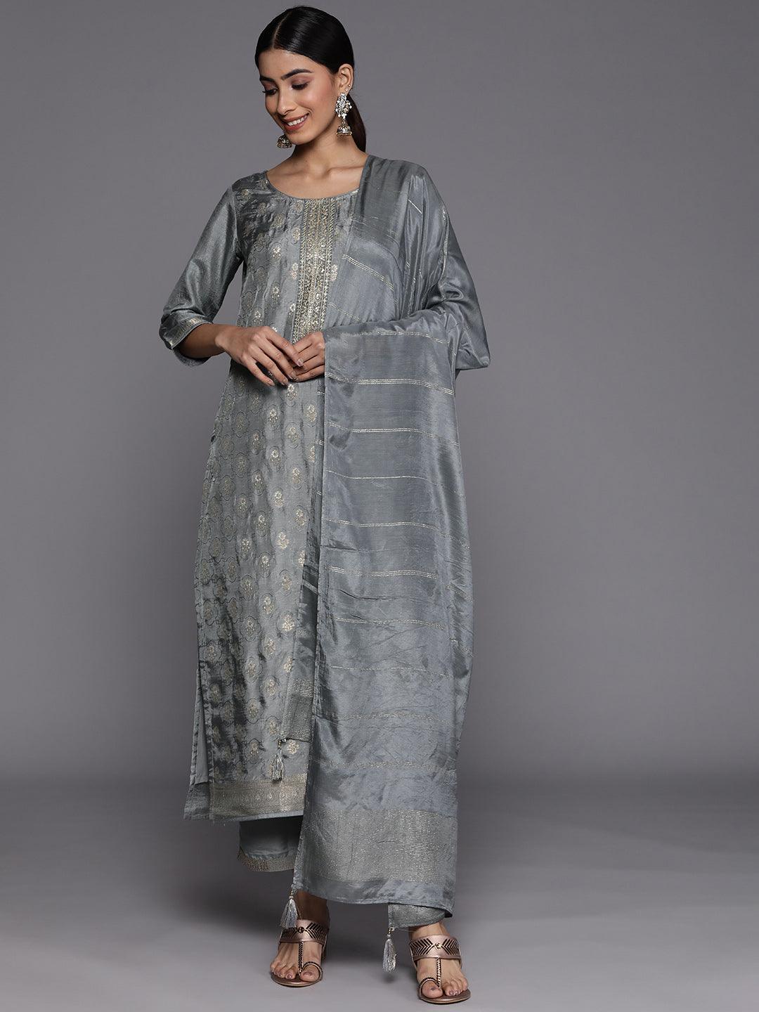 Plus Size Grey Woven Design Art Silk Suit Set