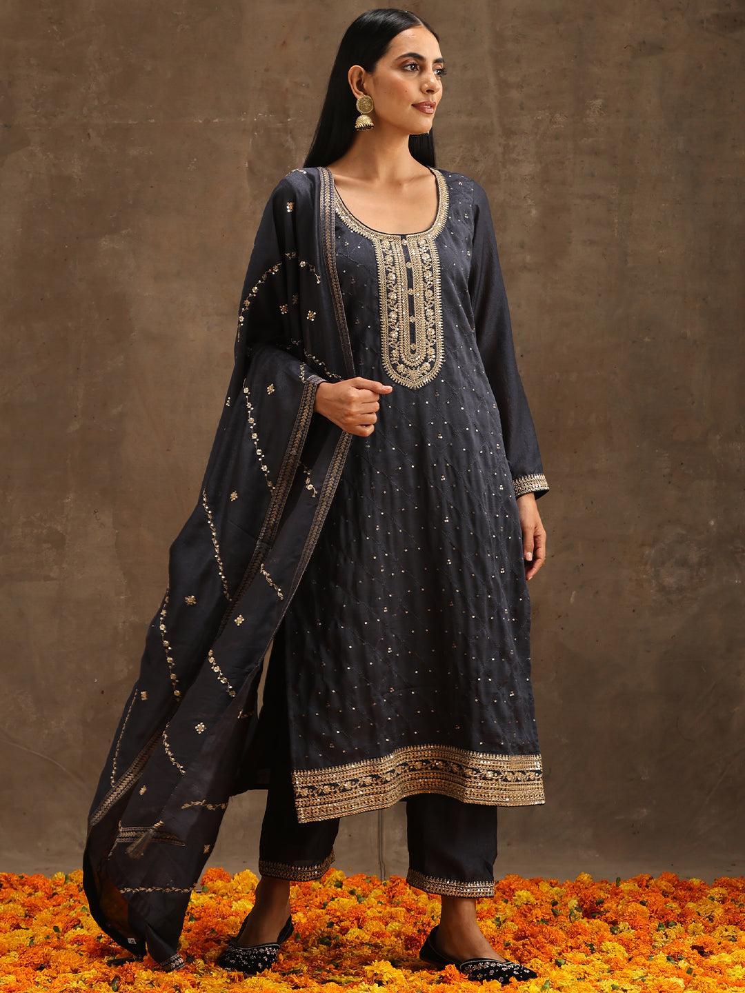 Grey Embroidered Silk Blend Suit Set With Trousers - ShopLibas