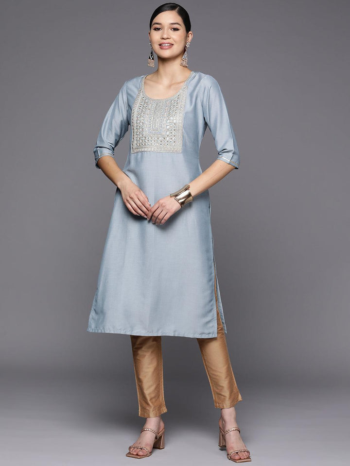 Grey Embroidered Silk Straight Kurta
