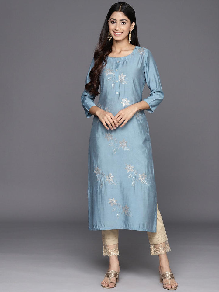 Grey Embroidered Silk Straight Kurta