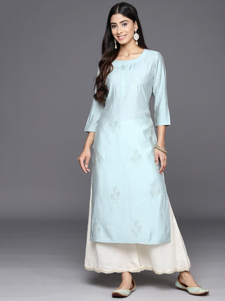 Grey Embroidered Silk Straight Kurta