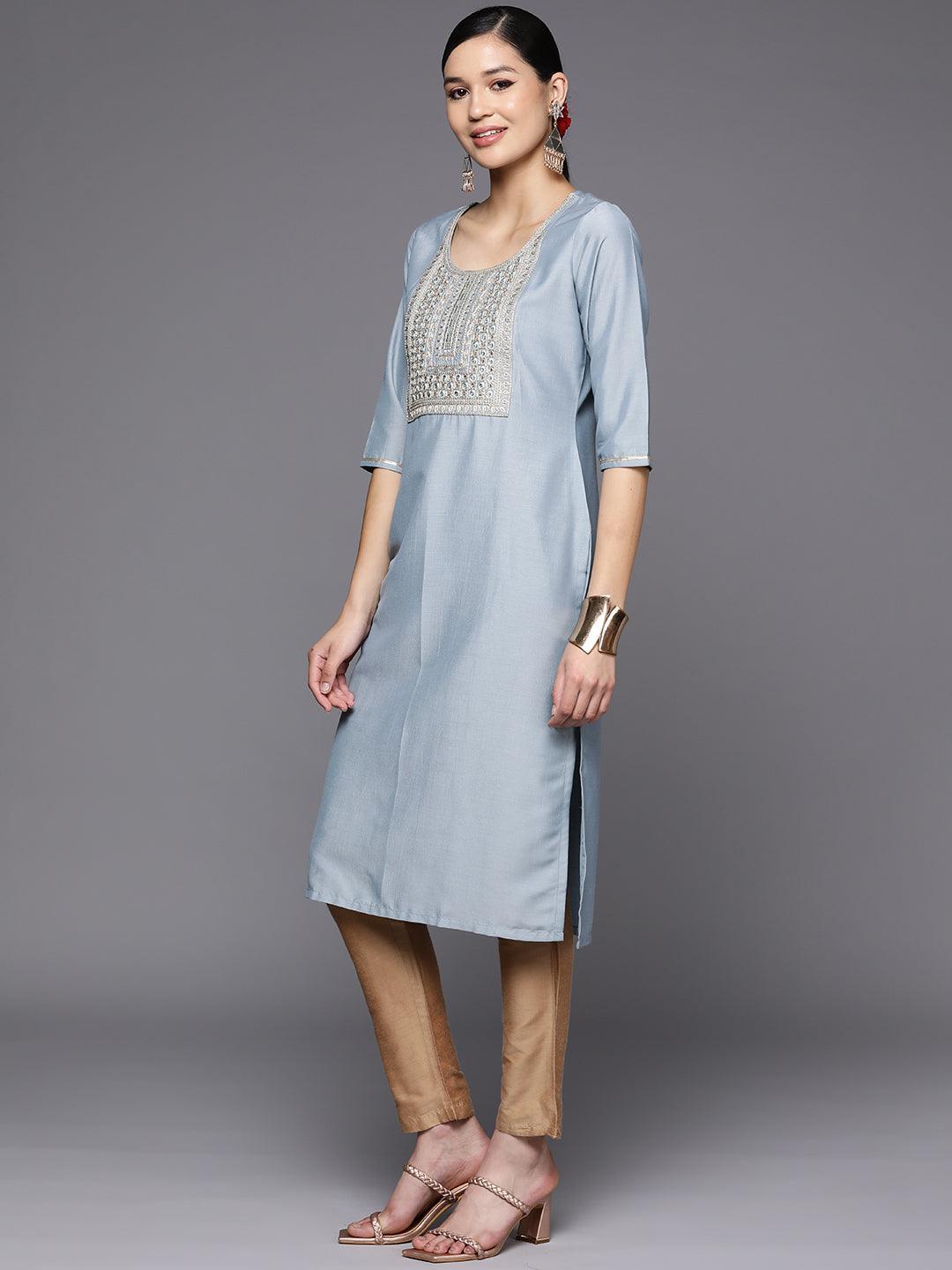 Grey Embroidered Silk Straight Kurta - Libas