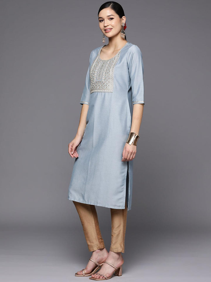 Grey Embroidered Silk Straight Kurta