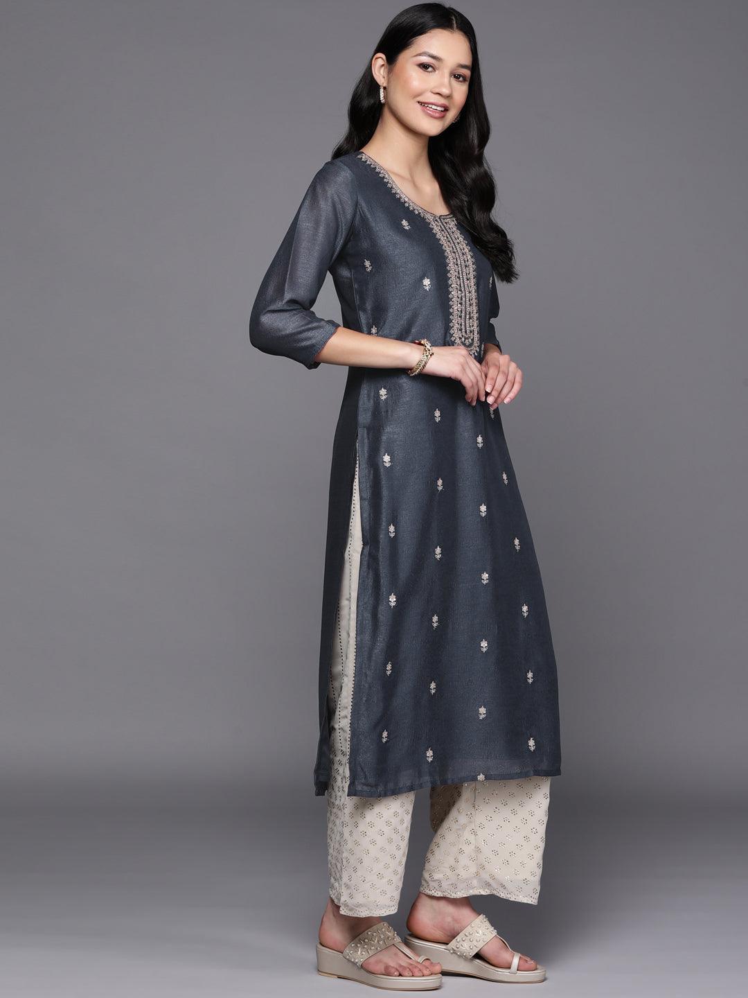 Grey Embroidered Silk Straight Kurta - ShopLibas