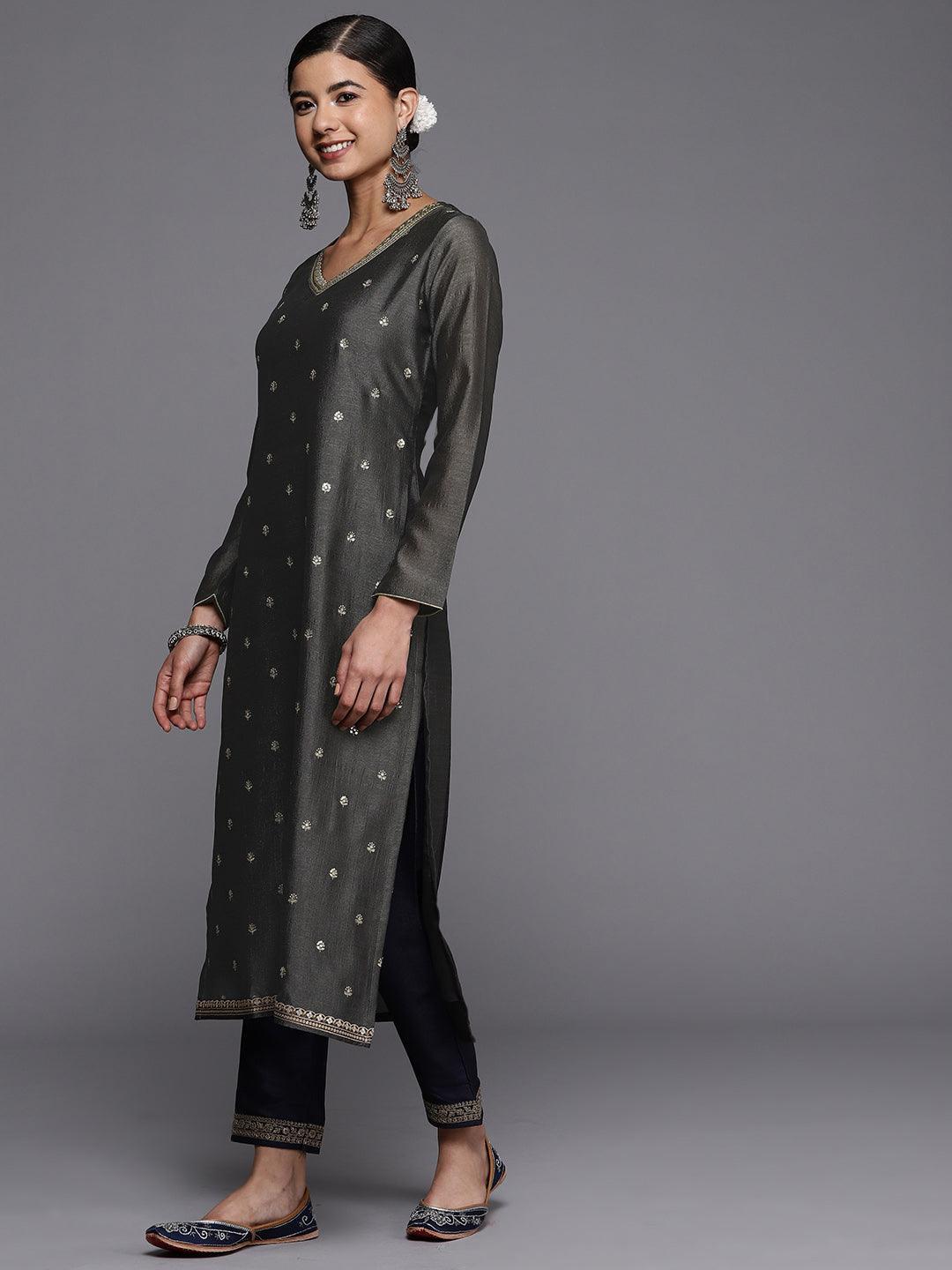 Grey Embroidered Silk Straight Kurta - ShopLibas