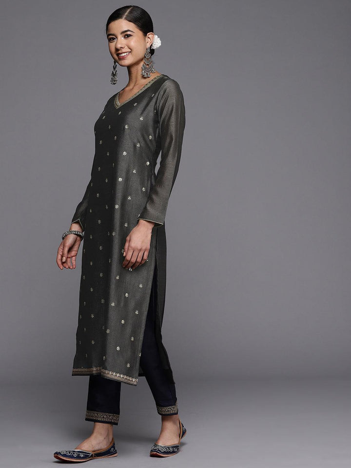 Grey Embroidered Silk Straight Kurta