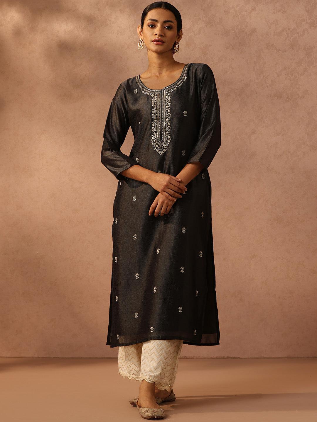 Grey Embroidered Silk Straight Kurta - ShopLibas