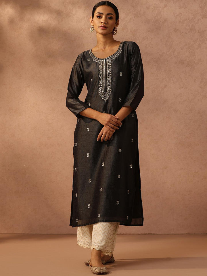 Grey Embroidered Silk Straight Kurta