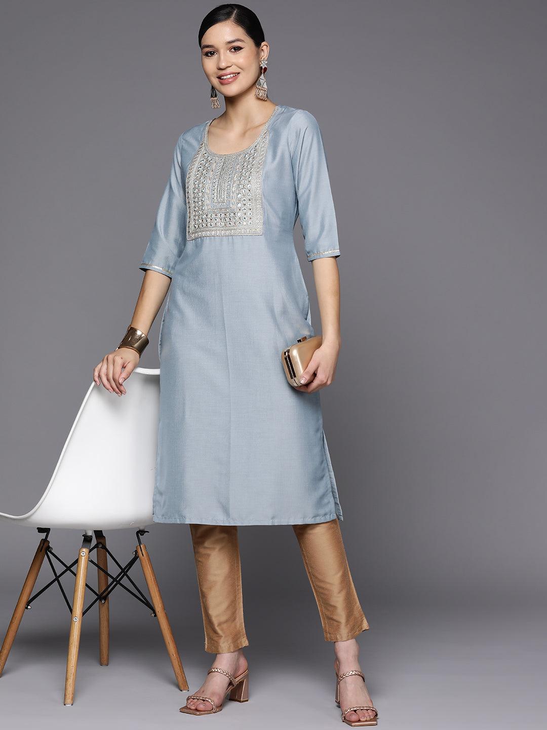 Grey Embroidered Silk Straight Kurta - Libas