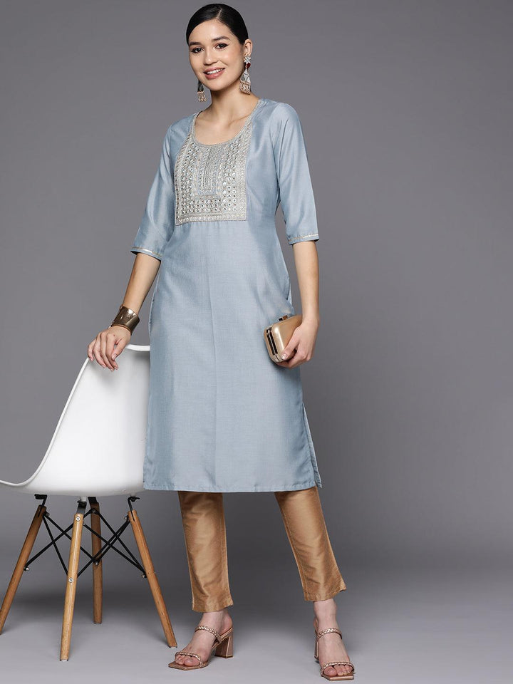 Grey Embroidered Silk Straight Kurta