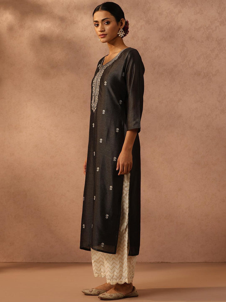 Grey Embroidered Silk Straight Kurta