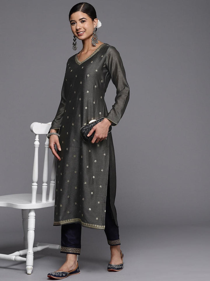 Grey Embroidered Silk Straight Kurta