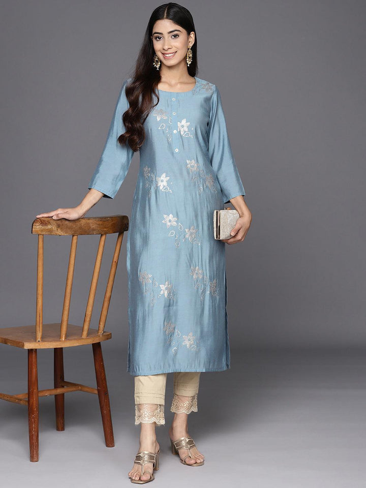 Grey Embroidered Silk Straight Kurta