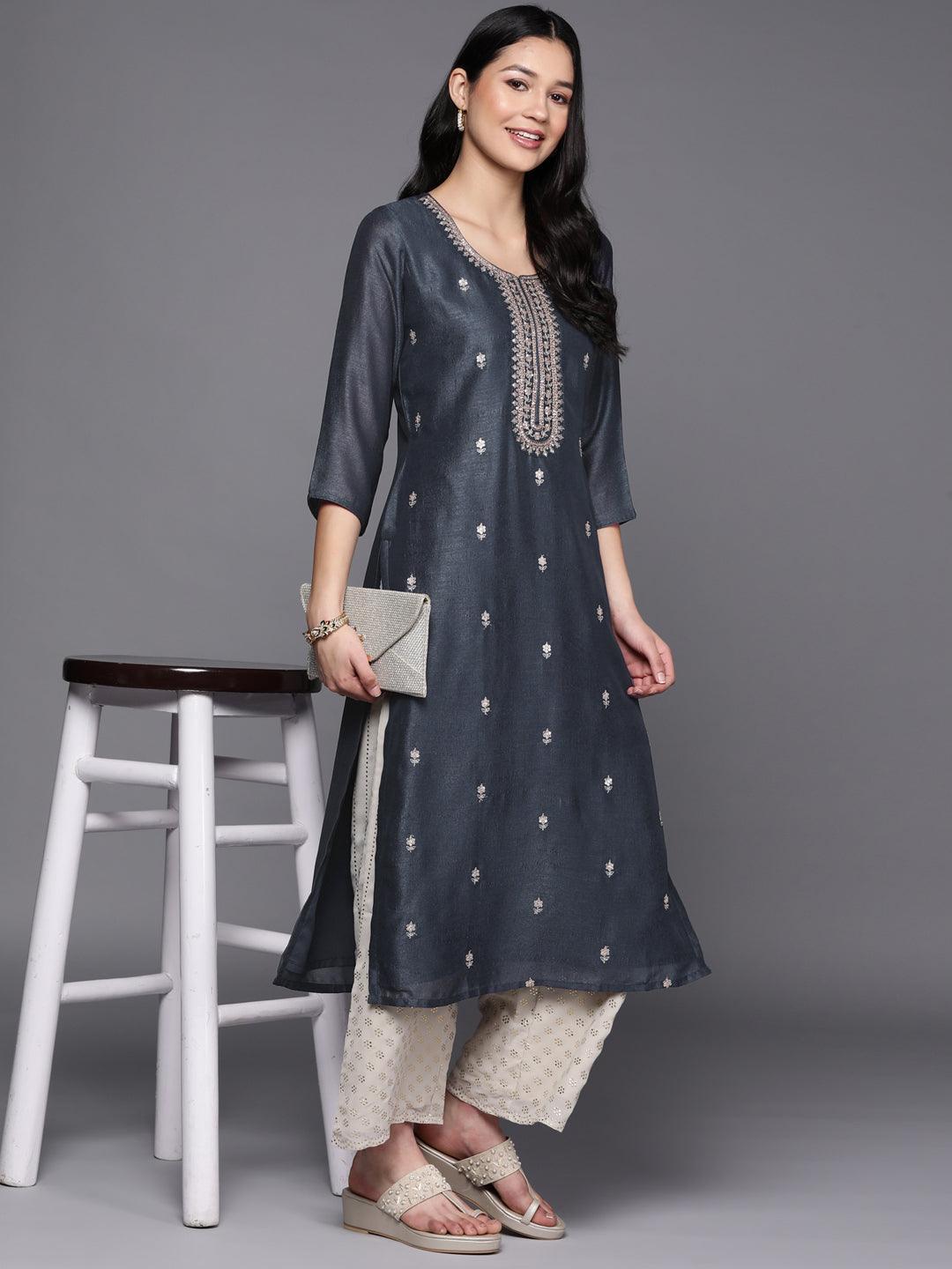 Grey Embroidered Silk Straight Kurta - ShopLibas