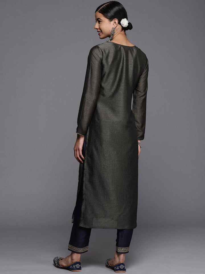 Grey Embroidered Silk Straight Kurta