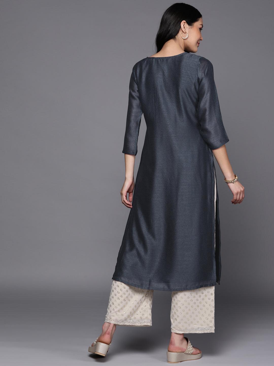 Grey Embroidered Silk Straight Kurta - ShopLibas