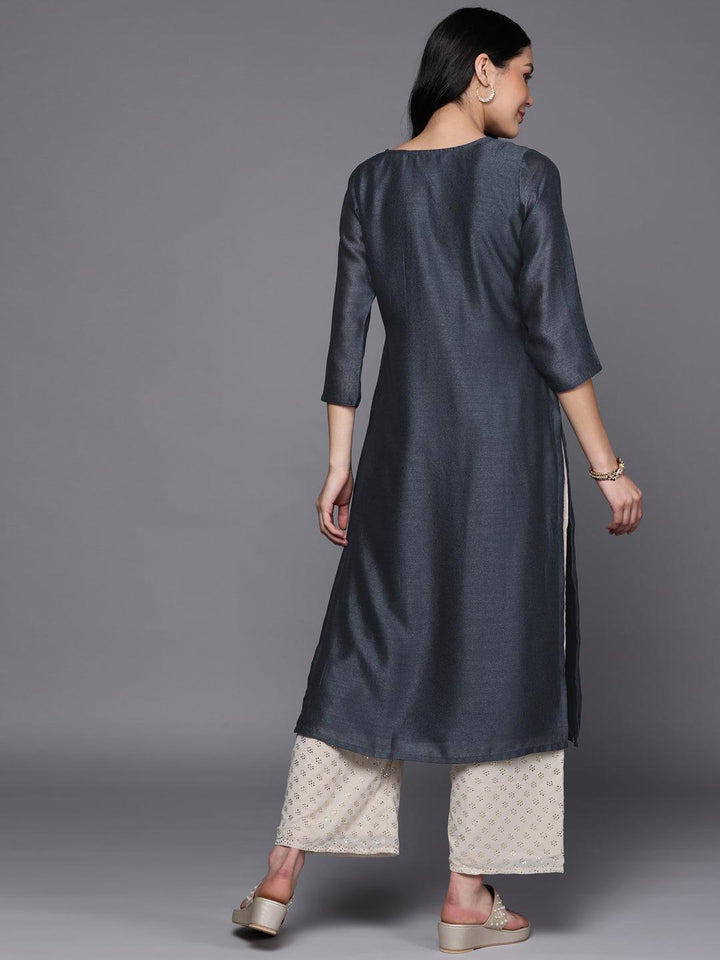 Grey Embroidered Silk Straight Kurta