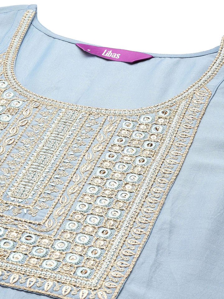 Grey Embroidered Silk Straight Kurta