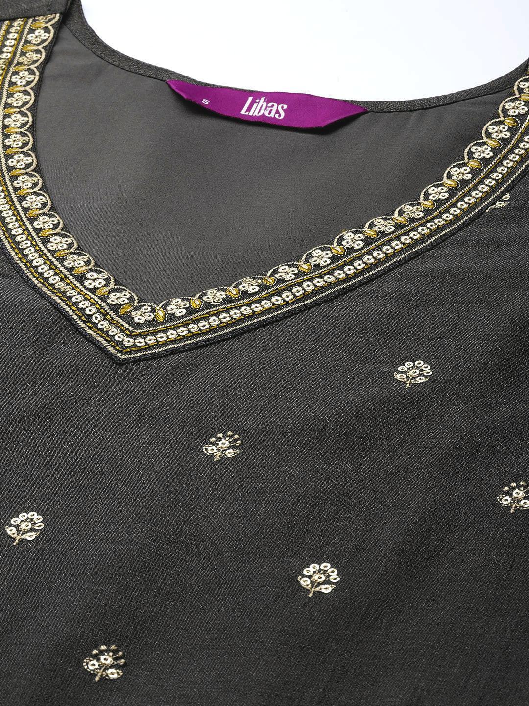 Grey Embroidered Silk Straight Kurta - ShopLibas