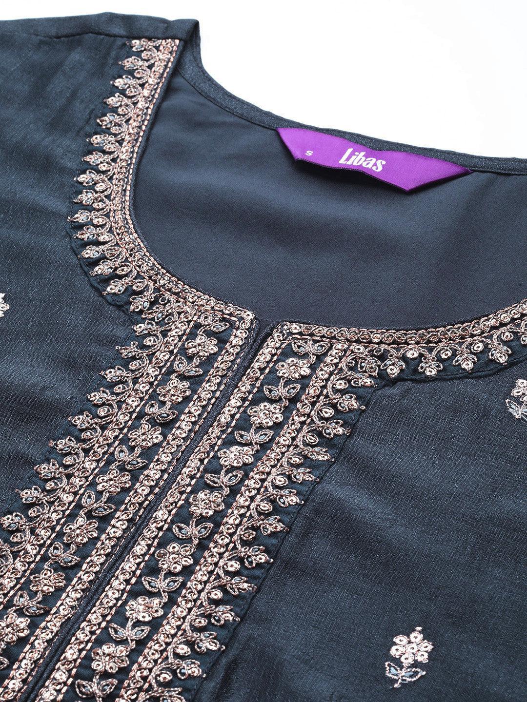 Grey Embroidered Silk Straight Kurta - ShopLibas