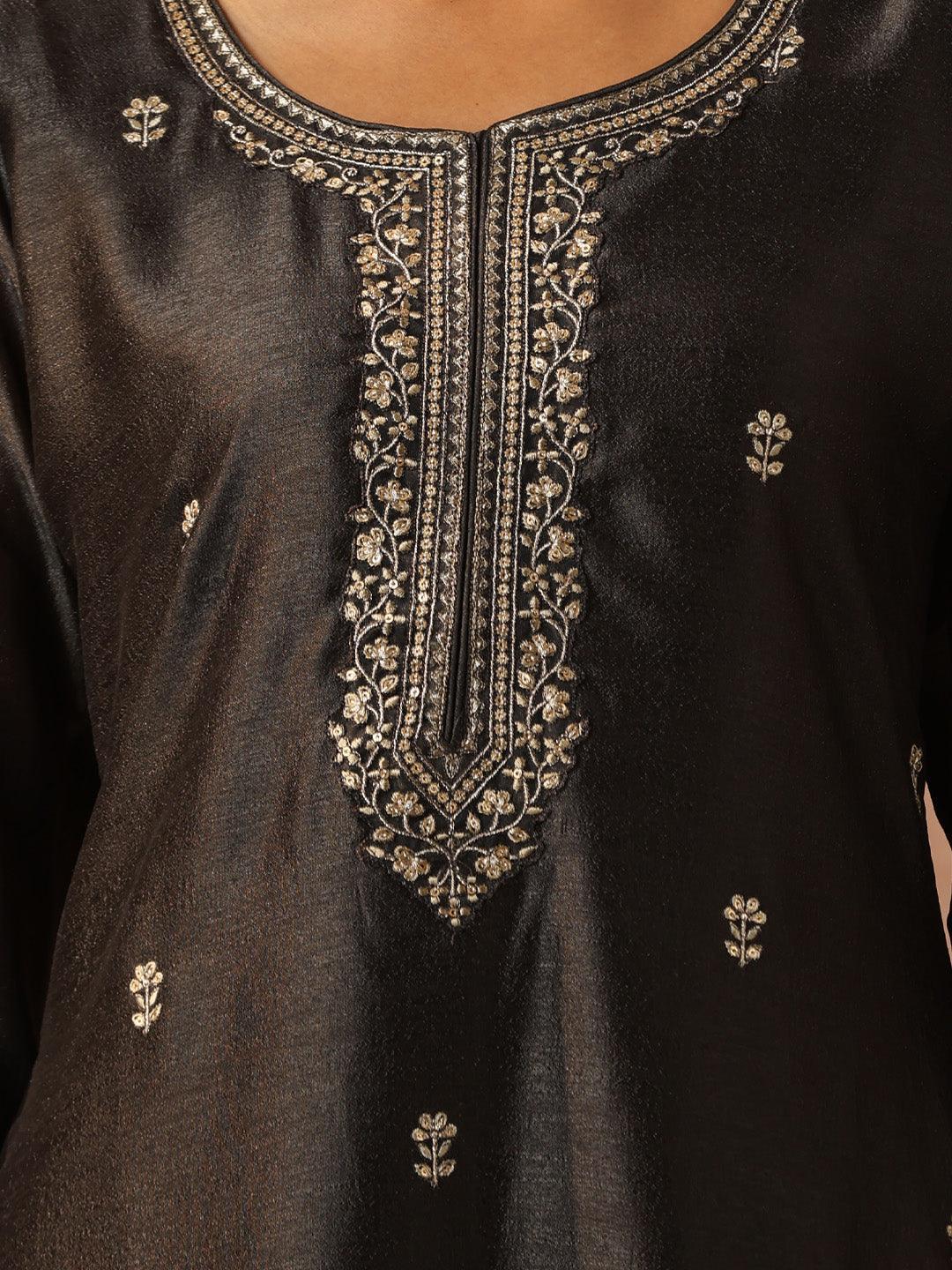 Grey Embroidered Silk Straight Kurta - ShopLibas