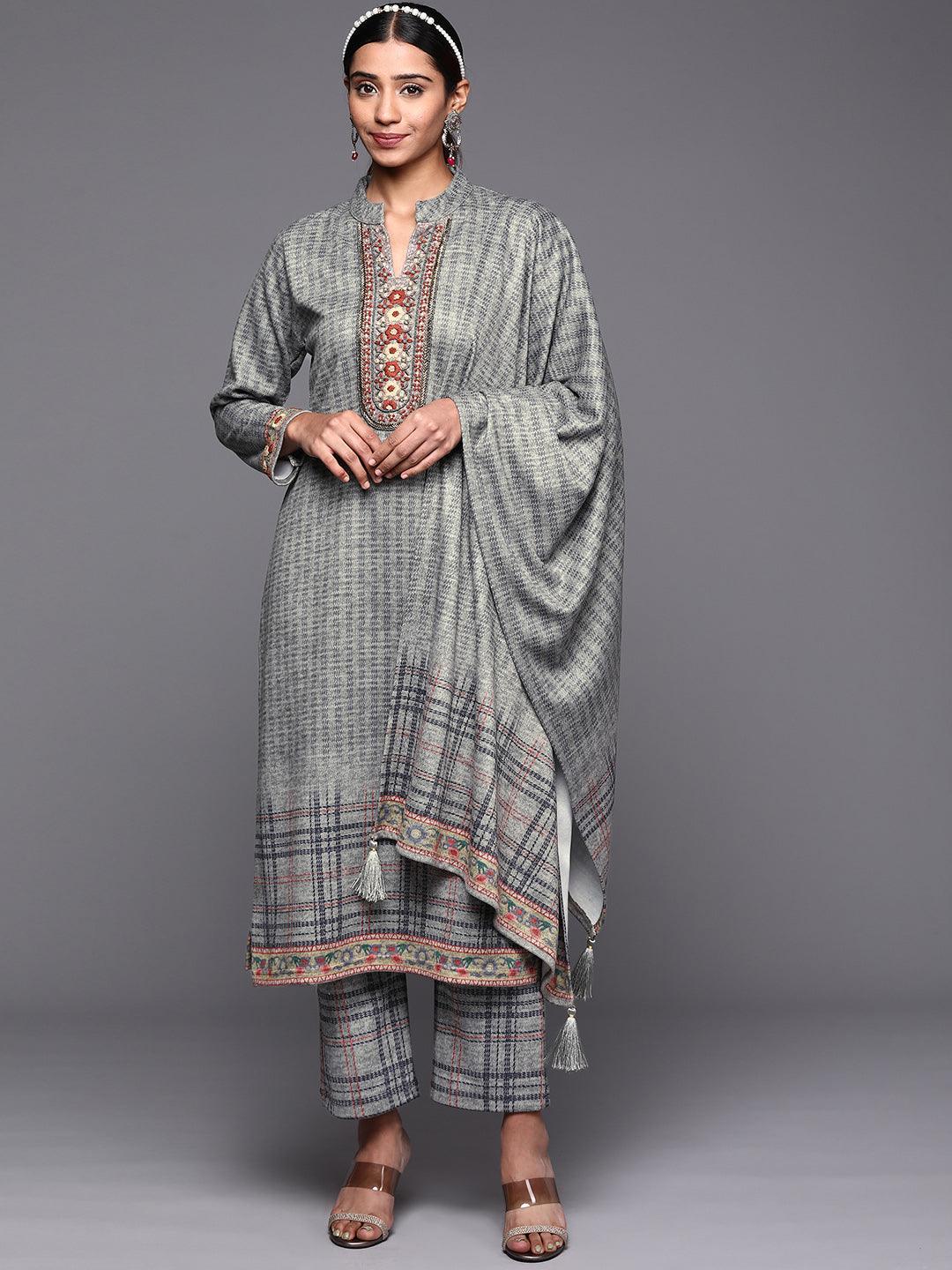 Grey Embroidered Wool Straight Suit Set - ShopLibas