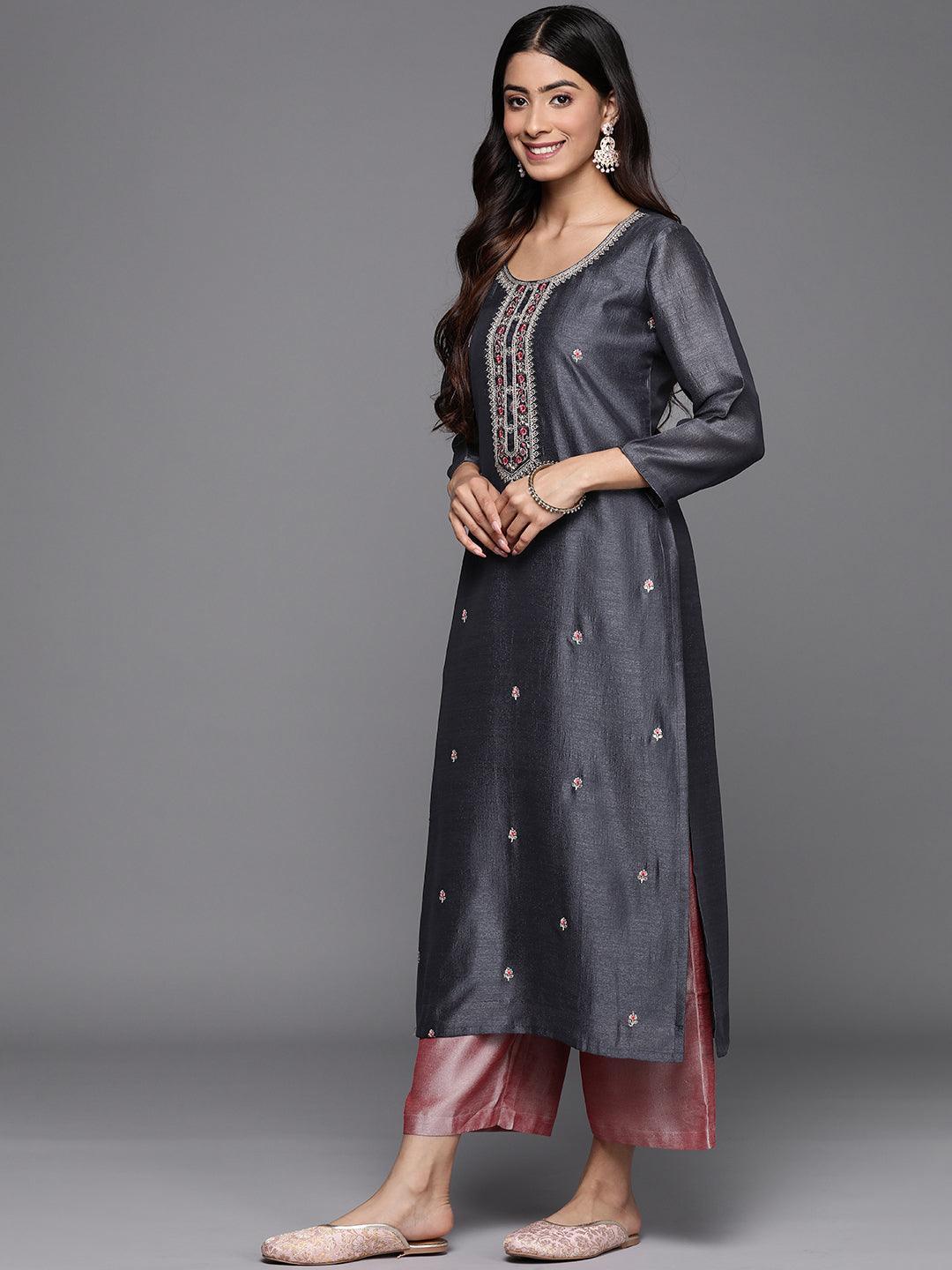 Grey Embellished Silk Straight Kurta - ShopLibas