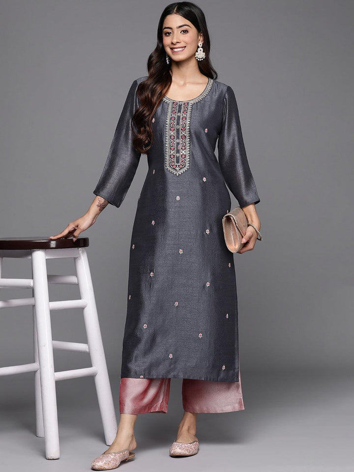 Grey Embellished Silk Straight Kurta