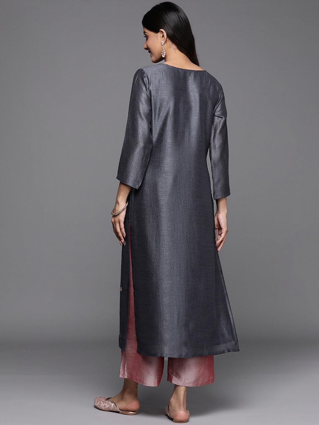 Grey Embellished Silk Straight Kurta - ShopLibas